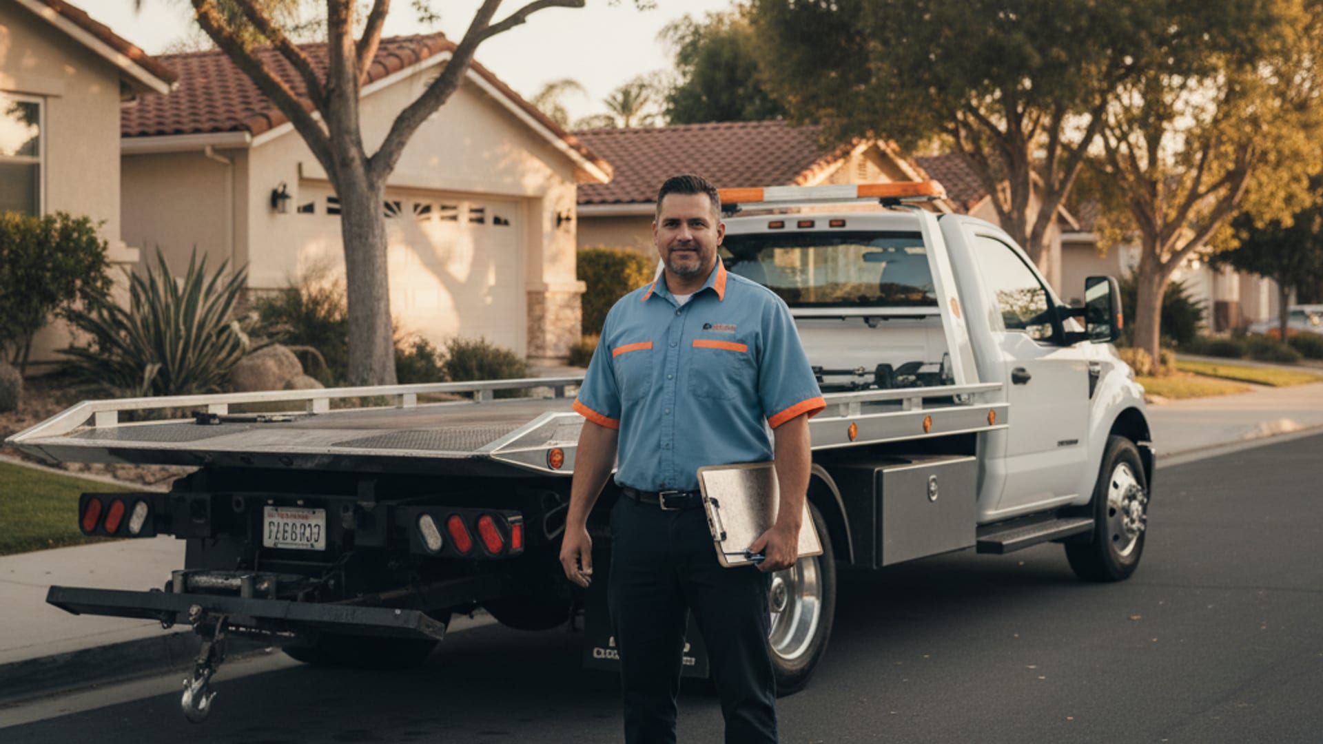 Quick Tow Memphis driver beside a flatbed rollback at golden hour in a Memphis residential neighborhood