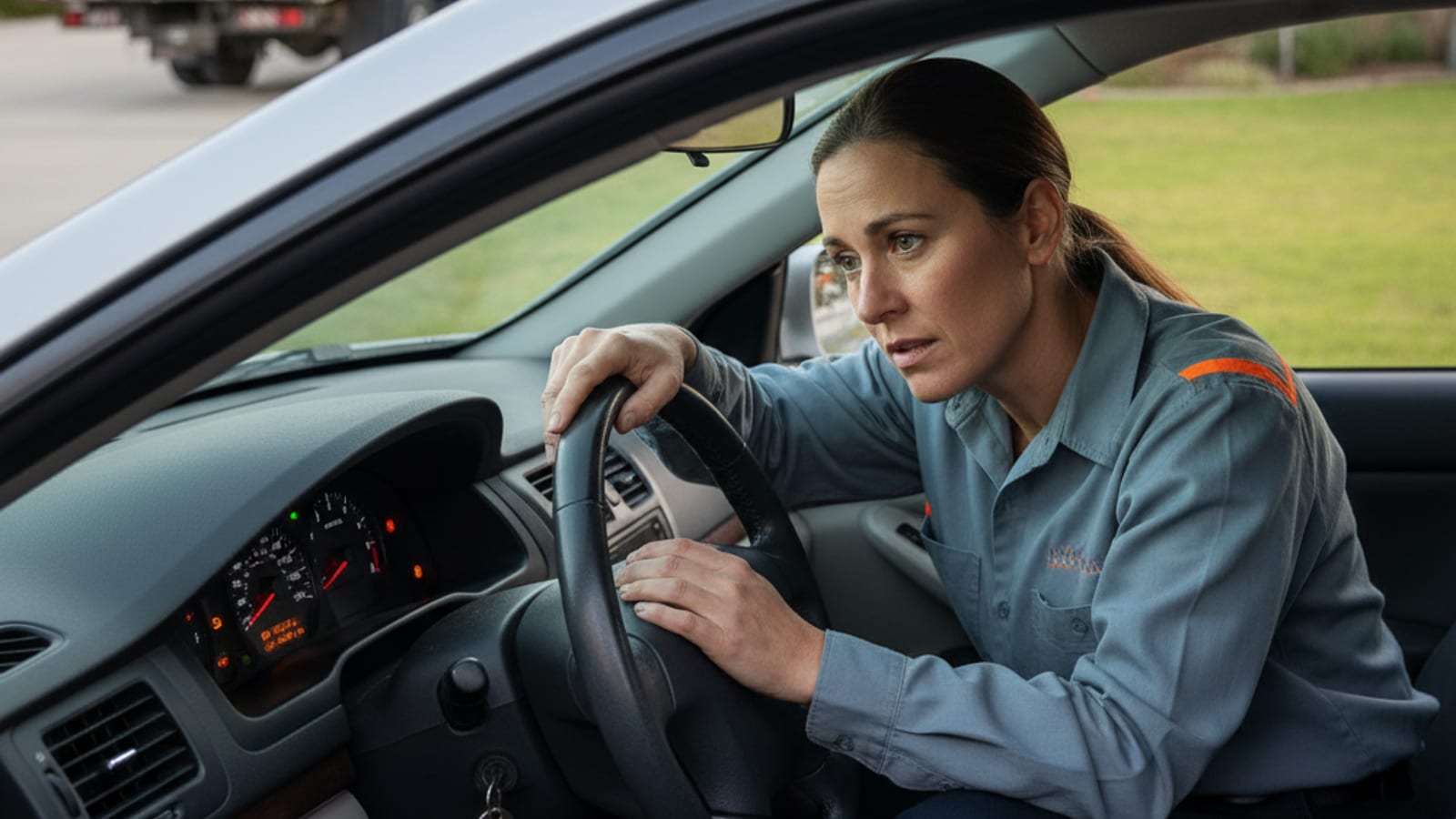 Driver checking dashboard warning lights on a parked car in a Memphis driveway