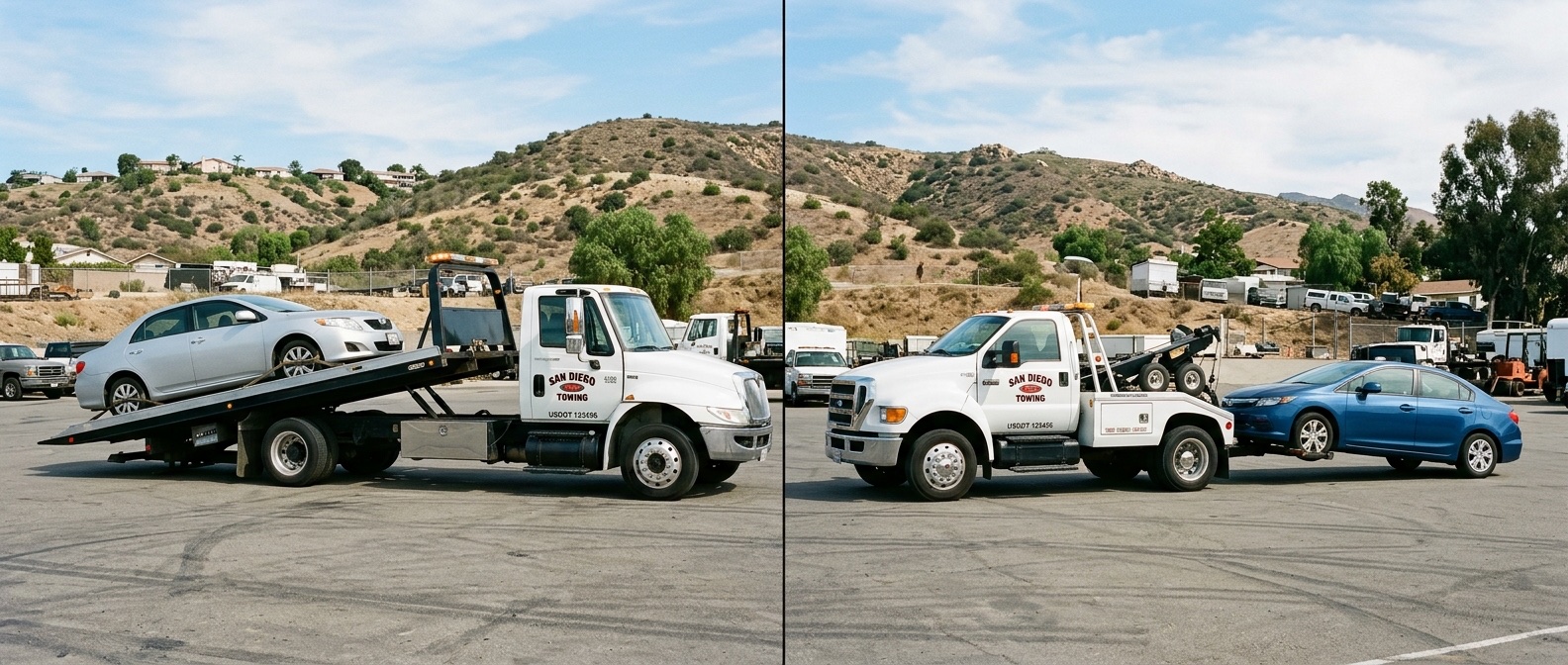 Side-by-side comparison of a flatbed tow truck and a wheel-lift tow truck loading vehicles in a Memphis service yard
