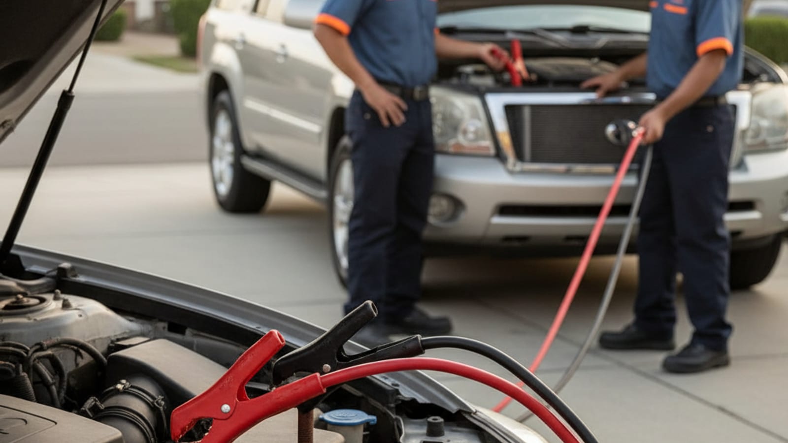 Close-up of jumper cables connected between two car batteries with the donor vehicle running in a Memphis driveway