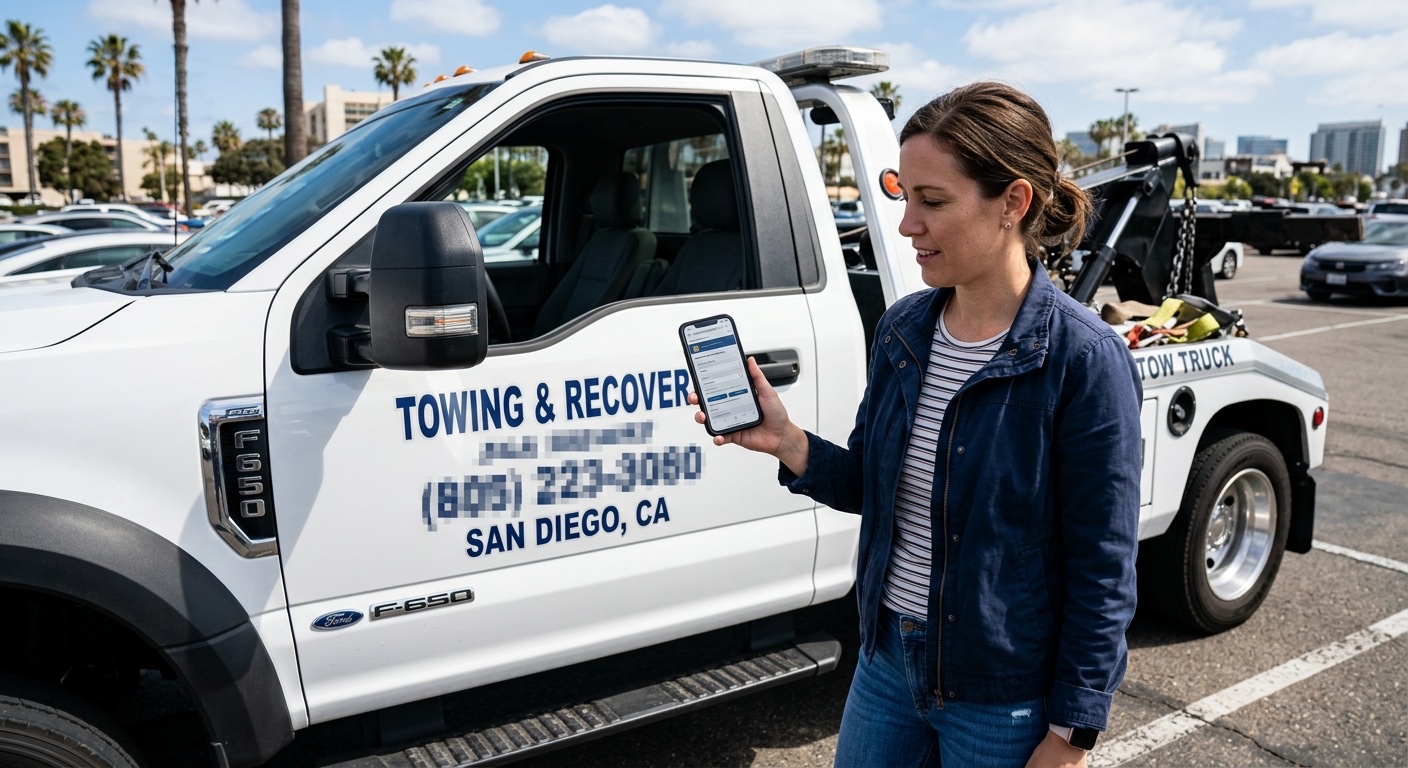 Customer checking a tow operator's credentials on a smartphone in a Memphis parking lot