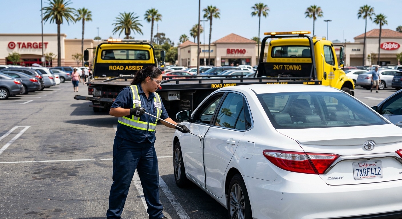 Quick Tow Memphis technician using a long-reach lockout tool to unlock a sedan in an East Memphis shopping center parking lot