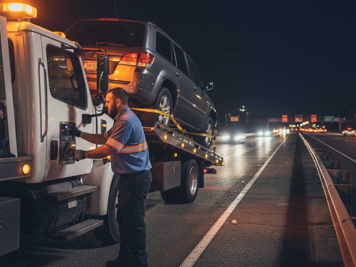 Quick Tow Memphis flatbed driver loading a disabled SUV on the Hernando de Soto Bridge shoulder at night