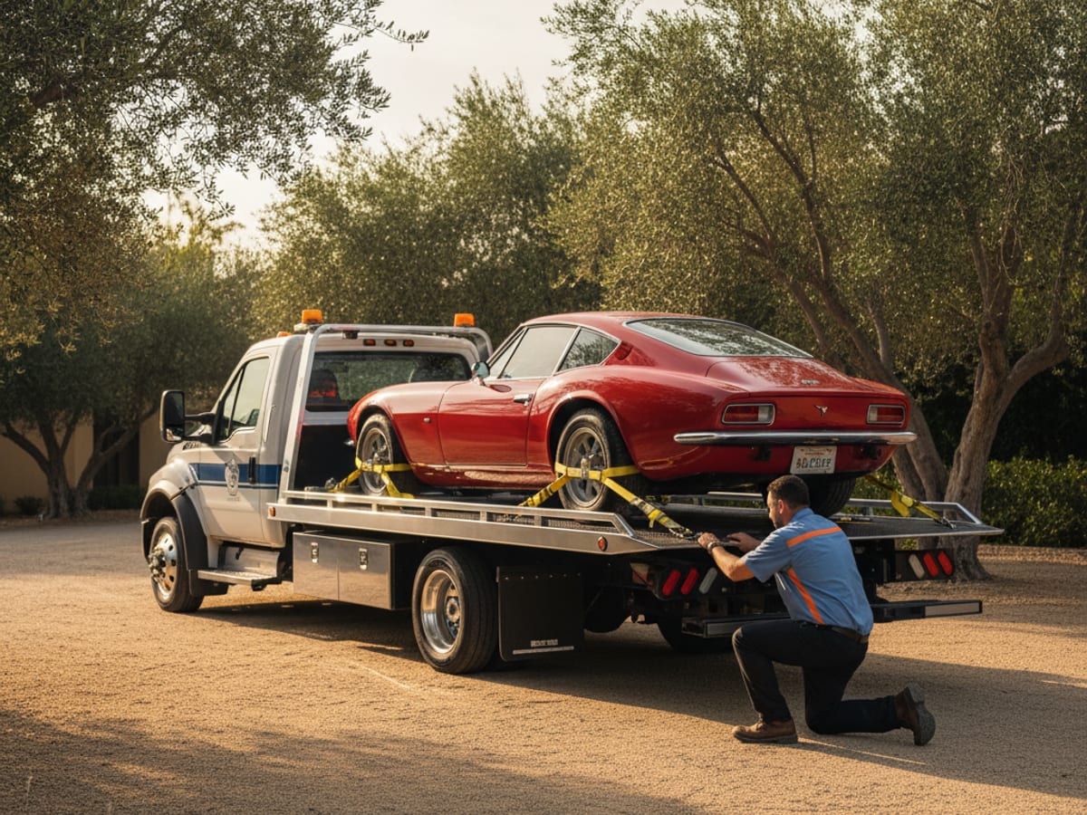 Quick Tow Memphis low-clearance flatbed carefully loading a classic Porsche with soft-tie wheel nets in East Memphis