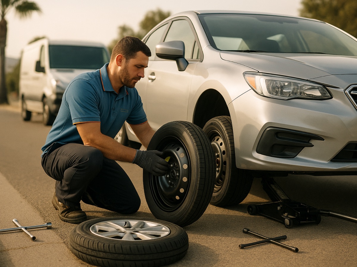 Quick Tow Memphis technician changing a flat tire for the spare on a vehicle pulled onto a Memphis street shoulder
