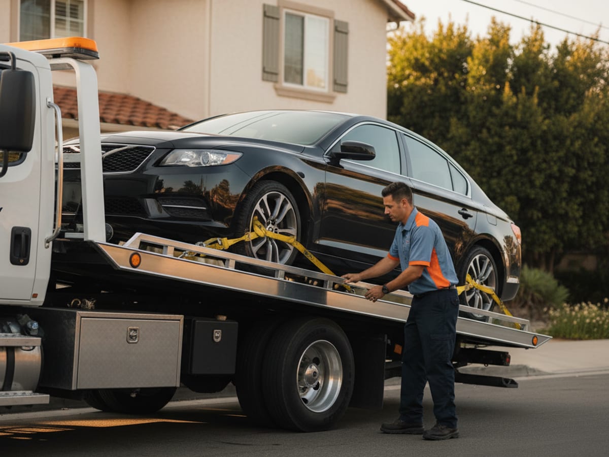 Quick Tow Memphis rollback flatbed loading a Tesla with soft straps on a Midtown residential street