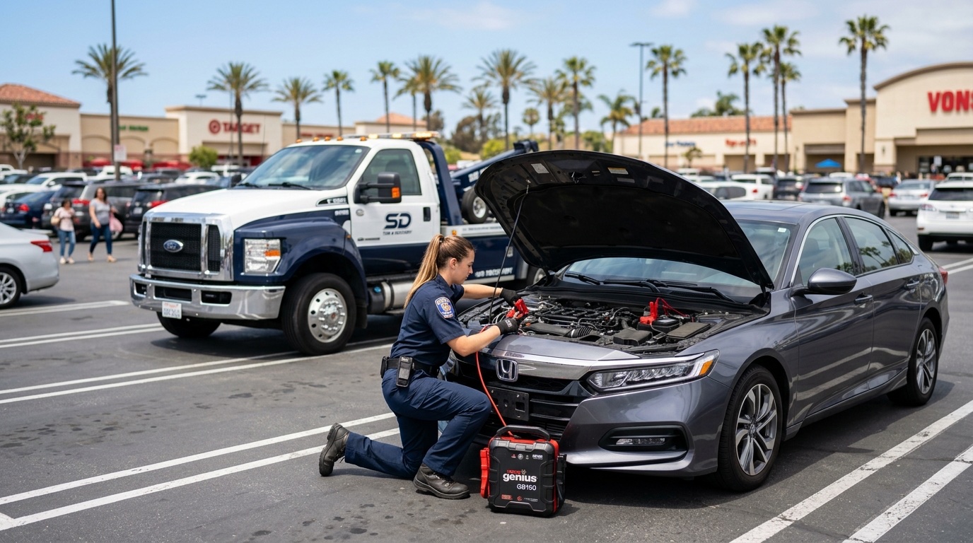 Quick Tow Memphis technician connecting a commercial jump pack to a dead battery in a Memphis parking lot during daylight
