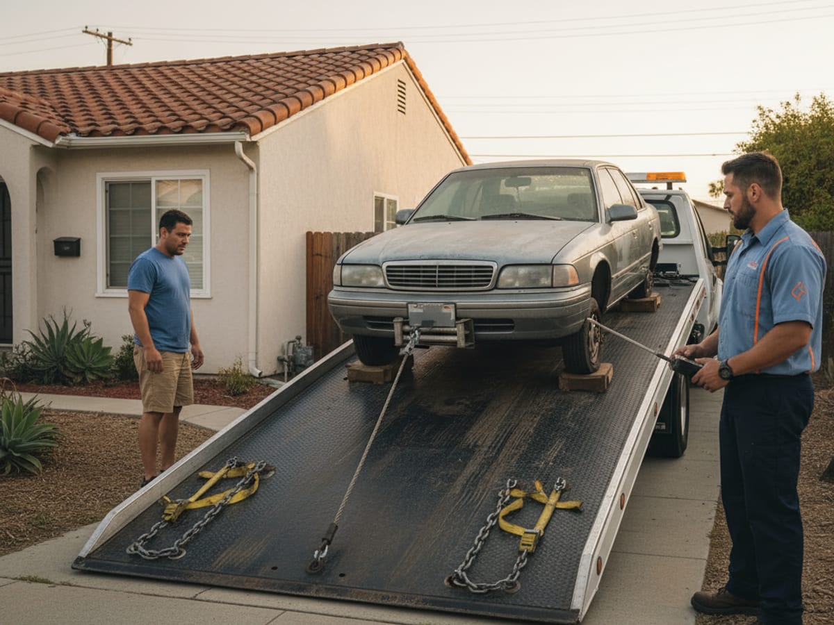 Quick Tow Memphis flatbed loading a non-running sedan from a South Memphis residential side yard