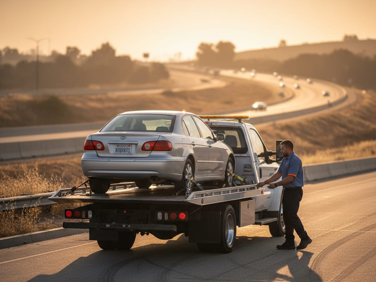Quick Tow Memphis flatbed driver preparing for a long-distance interstate tow at sunrise near the I-40/I-55 interchange