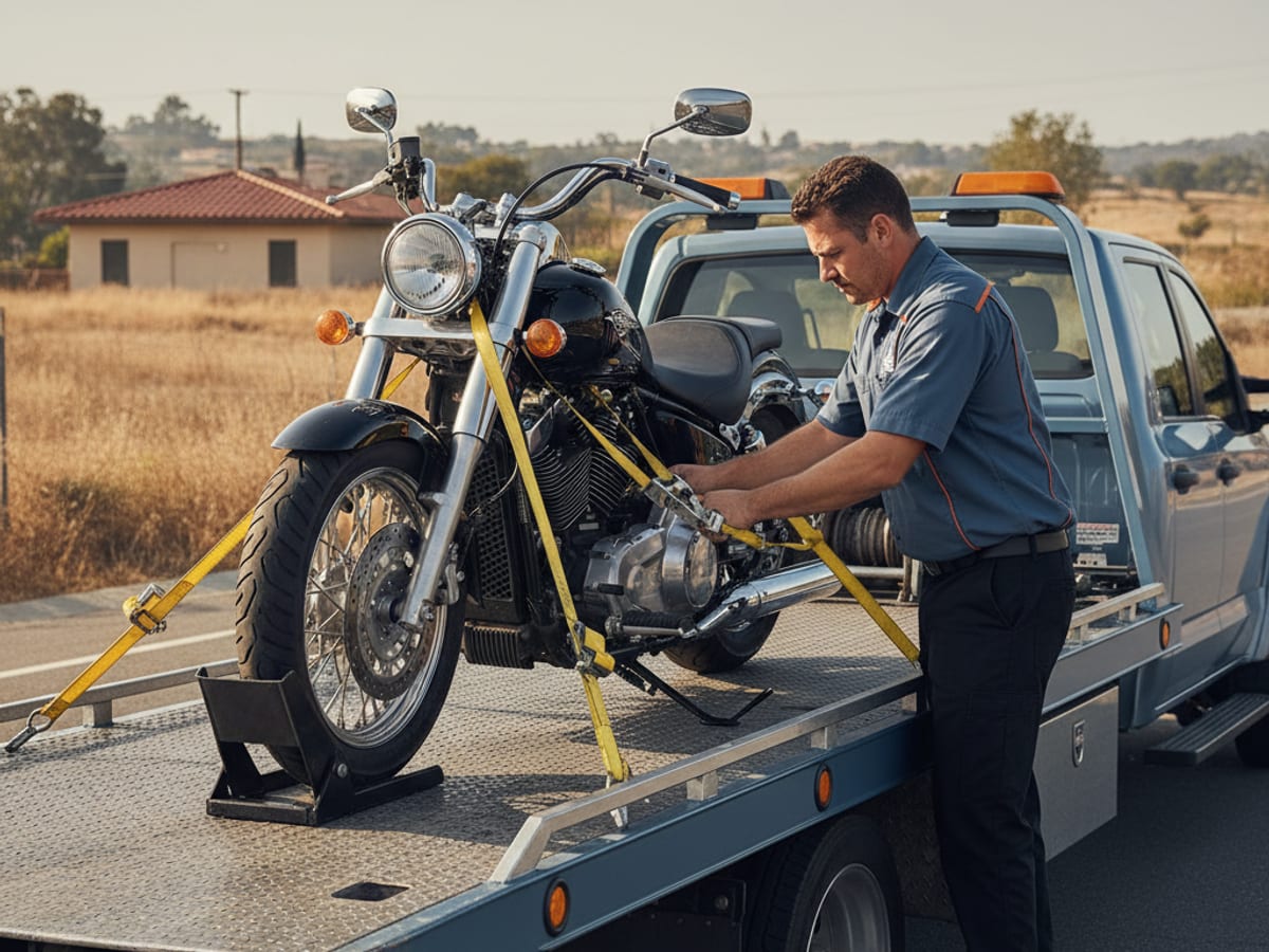 Quick Tow Memphis driver securing a Harley-Davidson cruiser on a low-deck flatbed with soft straps near Beale Street