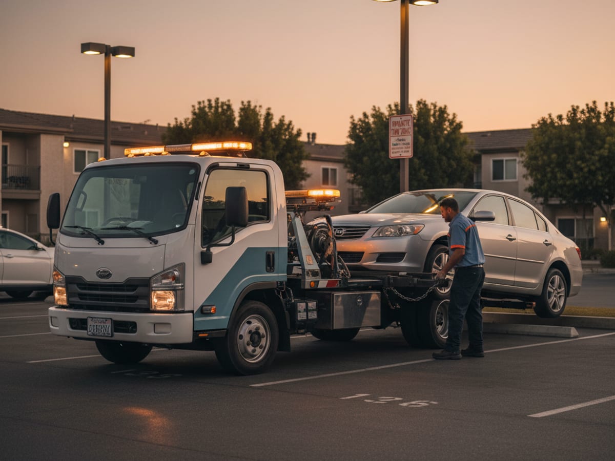 Quick Tow Memphis truck working a permit-parking apartment complex lot near Cooper-Young at dusk