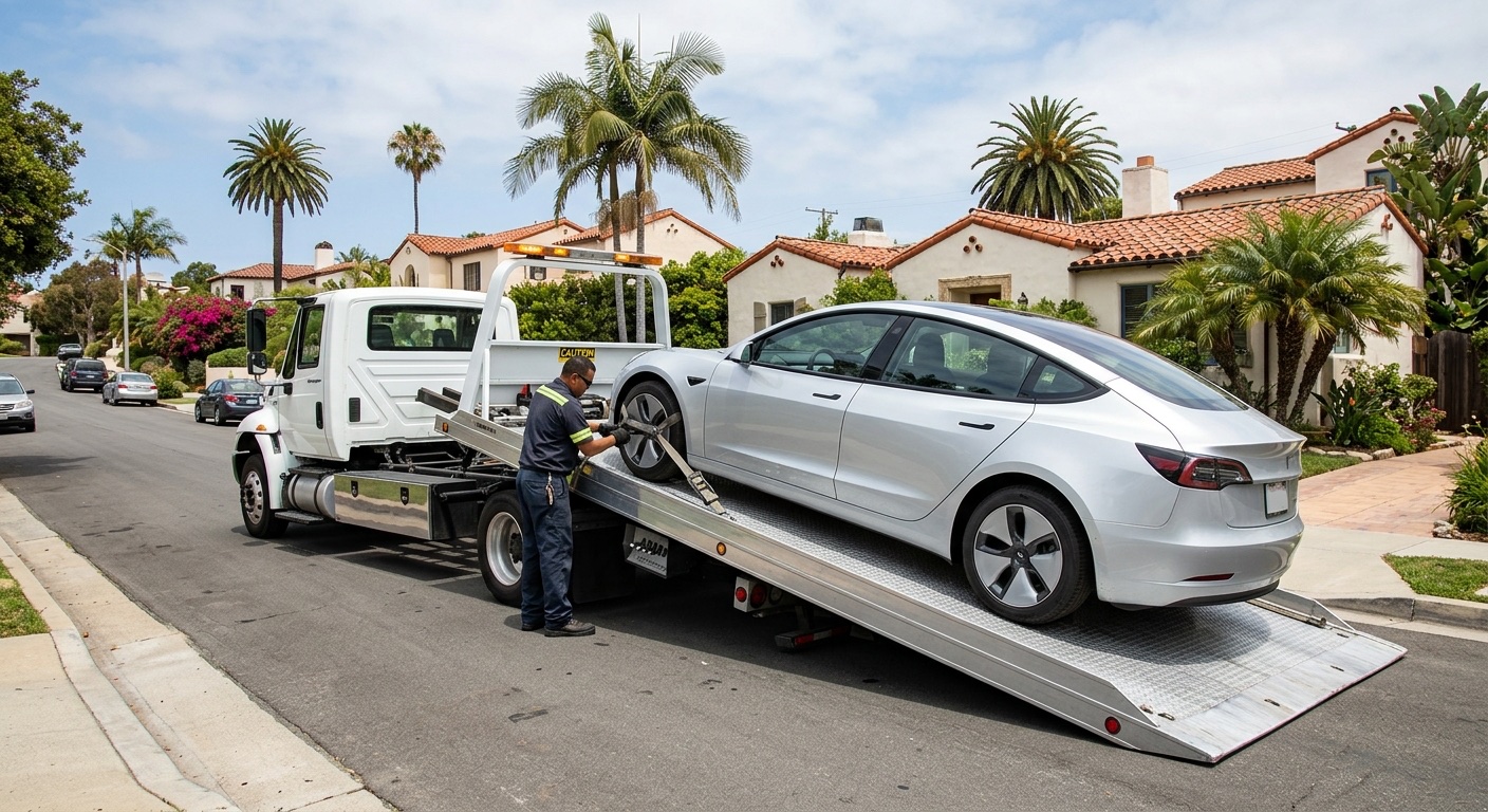 Quick Tow Memphis flatbed loading a Tesla Model 3 with soft straps in an East Memphis driveway, charge port closed and Transport Mode engaged