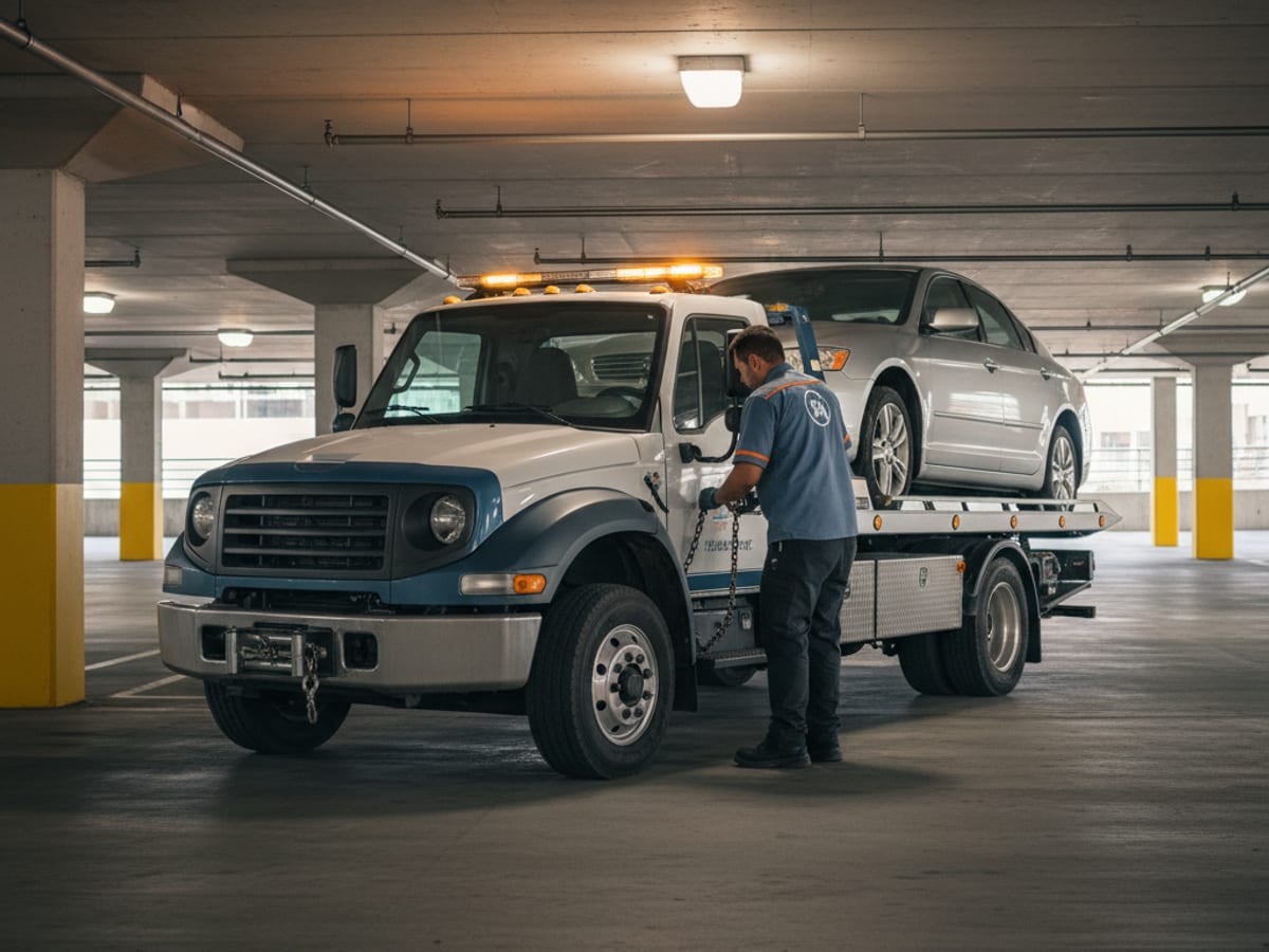 Quick Tow Memphis wheel-lift truck hooking a Honda sedan on a narrow Cooper-Young side street